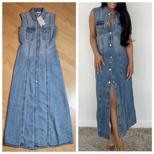 NWT Zara Denim Sleeveless Maxi Dress Snap Button Front Size XS Blogger Favorite